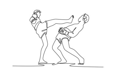 Tek sıra halinde iki boksör, muay thai kickboks yüksek tekmeleme tekniğiyle dövüşüyor. Sağlıklı yaşam tarzı, hobi, spor, rekabet. Tek çizgi çizimi tasarım vektörü grafik çizimi