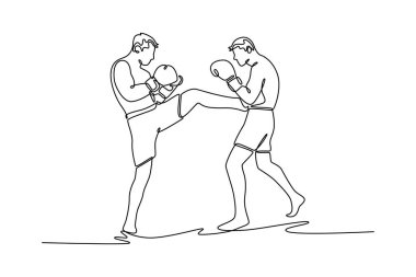 Tek sıra halinde iki çekici erkek sporcu kaslı üstsüz tekmeleme yarışmacısı kapalı stadyumdaki kickboks egzersizinin tadını çıkarıyor. Bir çizgi çizimi grafik tasarım vektör çizimi