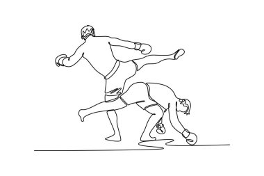 Aralıksız bir çizgi halinde ringde iki Muay Thai dövüşçüsü dövüşecek. Tayland boks antrenmanı. Dövüş sanatları, spor, sağlıklı yaşam tarzı. Tek çizgi çizimi tasarım vektörü grafik çizimi
