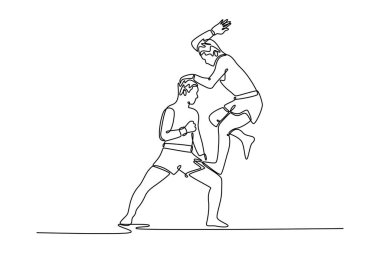 Tek sıra halinde iki güçlü Muay Thai dövüşçüsü bir adamın bacağıyla dövüşüyor ve hareket rakibe dirsek darbesi gibi görünüyor. Bir çizgi çizimi grafik tasarım vektör çizimi