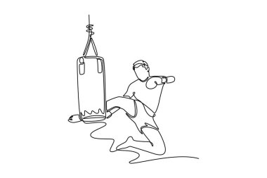 Spor salonunda atlama tekmesinden kum torbasına atlayan çekici bir adam. Vücut geliştirme eğitimi için erkek Muay Tay boks antrenmanı. Aralıksız çizgi çizimi tasarım grafik vektör çizimi