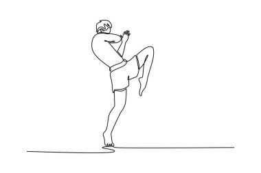 Çekici Muay Taylandlı erkek boksör spor salonunda diz tekmesi pratiği yapıyor. Kickboks antrenmanı, dövüş sanatları eğitimi. Bir çizgi çizimi grafik tasarım vektör çizimi