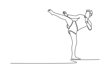 Tek sıra halinde spor salonunda Tayland boksu yapan aktif bir adam. Atletik erkek Muay Thai boksunu sağlıklı yaşam tarzı için eğitiyor. Modern sürekli çizgi çizimi tasarım grafik vektör çizimi