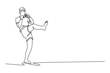 Spor salonunda erkek kickboksör boksör eğitimi veren tek çizgi. Güçlü sporcu güçlü vücut gücü egzersizi. Enerji gücü. Modern sürekli çizgi çizimi tasarım grafik vektör çizimi