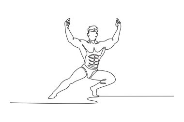 Tek sıra halinde soyunan vücut geliştirici yarışmada kol kaslarını gösteriyor. Kaslı adam göğüs kaslarını, karın kaslarını ve bacaklarını gösteriyor. Tek çizgi çizimi tasarım vektörü grafik çizimi