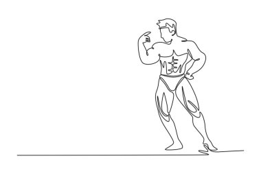 Sağ kolu dirseğinde bükülmüş bir vücut geliştirme sporcusu sürekli olarak spor salonunda kol kaslarını gösteriyor. Vücut geliştirme, spor, güç. Tek çizgi çizimi tasarım vektörü grafik çizimi
