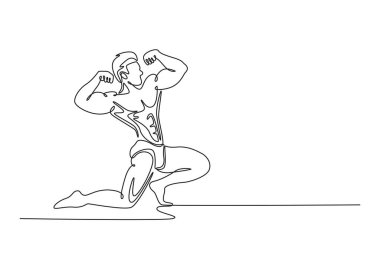 Çekici vücut geliştirici ya da atletik adamın kaslarının gerildiğini gösteren kesintisiz bir çizgi. Spor, güç, vücut geliştirme, fiziksel güç. Tek çizgi çizimi tasarım vektörü grafik çizimi