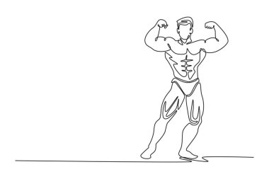 Çekici vücut geliştiricilerin spor müsabakalarında çift pazılı pozlar verdiği bir çizgi. Kollarını sıkan bir sporcu. Tek çizgi çizimi tasarım vektörü grafik çizimi