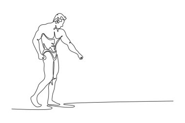 Mükemmel karın kasları, omuzları, pazıları, trisepsleri ve göğsü olan profesyonel bir vücut geliştirici çiziyor. Güçlü üstsüz adam kaslarını esnetiyor. Tek çizgi çizimi tasarım vektörü grafik çizimi