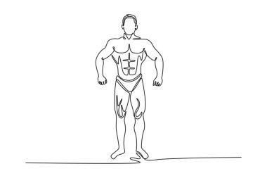 Klasik vücut geliştirme pozu veren üstsüz kaslı bir adamın sürekli çizdiği bir çizgi. Vücut geliştirici farklı pozlar veriyor ve kaslarını gösteriyor. Tek çizgi çizimi tasarım vektörü grafik çizimi