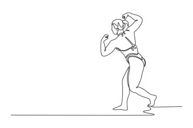 Ulusal vücut geliştirme yarışmasında tek sıra halinde vücut geliştirme yapan bir kadın çiziyor. Mükemmel karın kasları ve omuzları olan güçlü bir kadın. Bir çizgi çizimi grafik tasarım vektör çizimi