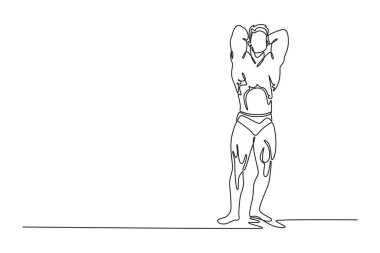 Tek sıra halinde üstsüz kaslı vücutçu erkek, kolları kafasında poz veriyor. Vücut kas yapısını gösteren kaslı bir sporcu. Dinamik bir çizgi çizer grafik tasarım vektörü çizer