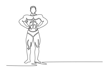 İdeal fiziği olan, göğüs kaslarını, karın kaslarını ve bacaklarını gösteren tek bir vücut geliştirme çizgisi. Çıplak gövdeli kaslı bir adam. Bir çizgi çizimi grafik tasarım vektör çizimi