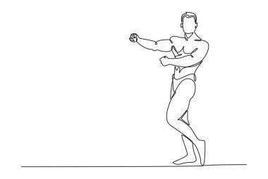 Genç vücut geliştirme sporcularının çizdiği sürekli bir çizgi kaslarını gösteriyor. Kolların, göğsün ve bacakların kasları görünür durumda. Klasik vücut geliştirme. Tek çizgi çizimi tasarım vektörü grafik çizimi