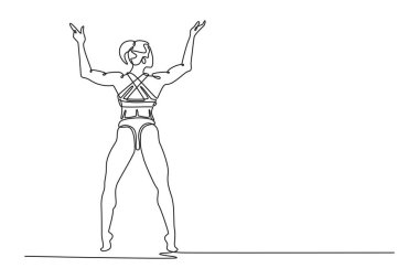 Tek sıra halinde, spor salonunda kaslarını gösteren kaslı kadın çiziyor. Spor giyim sektöründe vücut geliştiren çekici bir kadın vücut kaslarını gösteriyor. Bir çizgi çizimi grafik tasarım vektör çizimi