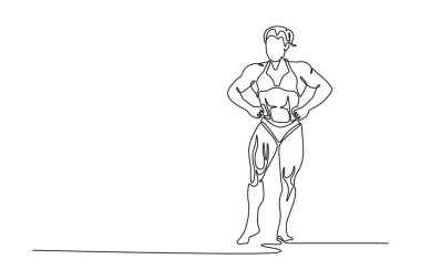 İdeal fiziği olan, göğüs kaslarını, karın kaslarını ve bacaklarını gösteren tek bir kadın vücut geliştirici çizgisi. Spor, güç, vücut geliştirme. Bir çizgi çizimi grafik tasarım vektör çizimi