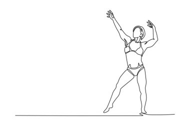 Okçu pozisyonunda tek sıra halinde kadın vücut geliştirici çiziyor. Güçlü sporcu kadın, kollarını sıkarak poz veriyor. Spor, güç, vücut geliştirme. Bir çizgi çizimi grafik tasarım vektör çizimi