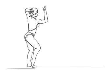 Tek sıra halinde kaslı kadın vücut geliştiricinin kolları kafasında poz vermesi. Vücut kas yapısını gösteren kilolu sporcu kadın. Aralıksız çizgi çizimi tasarım grafik vektör çizimi
