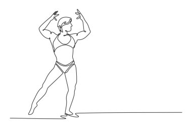 Jimnastik salonunda fiziği mükemmel olan tek bir kadın sporcu çiziyor. Kadın vücut geliştirici kaslarını esnetiyor. Spor, güç, motivasyon. Bir çizgi çizimi grafik tasarım vektör çizimi