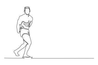 Sahnede poz veren kaslı bir vücut geliştirici çiziyor. Çekici sporcu kaslarını gösteriyor. Vücut geliştirme, güç, spor. Modern sürekli çizgi çizimi tasarım grafik vektör çizimi