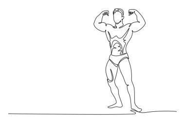 Tek sıra halinde, profesyonel erkek sporcu ön çift kaslı sahnede poz veriyor. Yumruklarını sıkan güçlü bir vücut geliştirici. Modern sürekli çizgi çizimi tasarım grafik vektör çizimi
