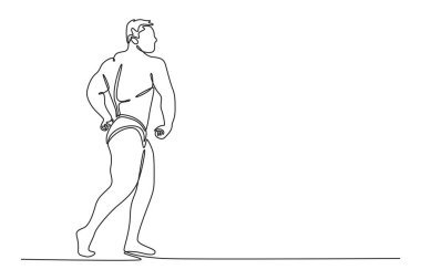 Tek sıra halinde profesyonel vücut geliştirici erkek üstsüz olarak çeyrek tur pozu veriyor. Vücut kas yapısını gösteren kaslı bir sporcu. Aralıksız çizgi çizimi tasarım grafik vektör çizimi