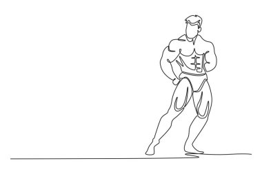 Spor salonunda kaslı bir adamın kaslarını ve pazılarını göstermesi. Vücut geliştiren erkek çıplak karın kasları. Klasik vücut geliştirme yarışması. Tek çizgi tasarım vektör grafik çizimi