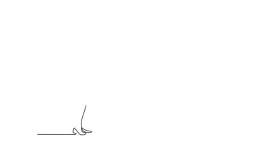 Tek çizgili animasyon spor kıyafetleri içinde kadın vücut geliştirici çekerek çeyrek tur pozları veriyor. Çekici sporcu kadın vücut kas yapısını gösteriyor. Devamlı bir çizgi. Tam uzunluk canlandırması