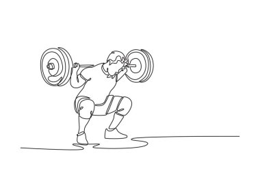 Modern bir sağlık kulübünde tek sıra halinde spor giyim sektöründe erkek vücut geliştirici omuzlarında halterle çömelme hareketi yapıyor. Ağırlık ve ağırlık kaldırma. Devamlı çizgi tasarımı grafik vektör illüstrasyonu