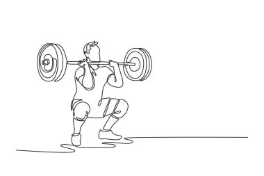 Tek sıra halinde çekici kaslı bir adam spor salonunda halterle çömeliyor. Spor, güç, güç, dayanıklılık, halter konsepti. Devamlı çizgi tasarımı grafik vektör illüstrasyonu