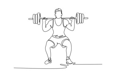 Sürekli tek sıra halinde ön tarafı çekiyor güçlü vücut geliştirici çömelme hareketleri yapıyor ve halter kaldırıyor. Kaslı atlet ağırlık kaldırıyor, ağırlık çalışıyor. Tek çizgi çizimi tasarım vektörü grafik çizimi