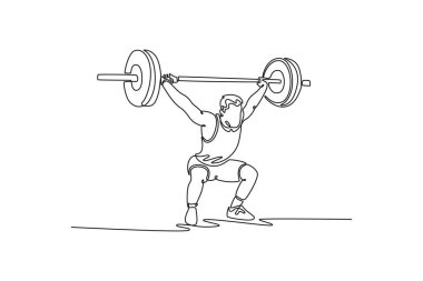 Tek sıra halinde halterle eğitilmiş atletik adamları çekiyor. Fitness, antrenman, zindelik, performans, kas gücü. Bir çizgi çizimi grafik tasarım vektör çizimi