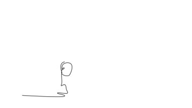 Animasyonlu kendini çizme, spor giyim kuşağında erkek vücut geliştirici modern sağlık kulübünde omuzlarında halterle çömelme hareketleri yapıyor. Ağırlık ve ağırlık kaldırma. Tam uzunluktaki tek çizgi canlandırması