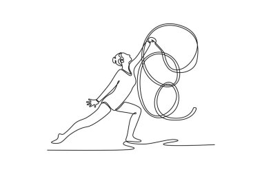 Salonda kurdeleli ritmik jimnastikçi kız antrenmanına devam ediyor. Grace hareket halinde, motor, spor. Sağlıklı yaşam tarzı için egzersiz. Tek çizgi çizimi tasarım vektörü grafik çizimi