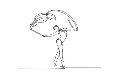 Tek sıra, spor salonunda kurdeleli ritmik jimnastik antrenmanı yapan genç bir kadın. Dans rutini ve enerjisi olan kadın jimnastikçi yaratıcılığı ve sanatı. Devamlı çizgi çizimi tasarım vektörü illüstrasyonu