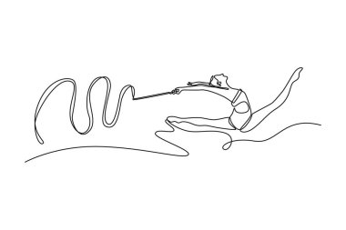 Tek sıra halinde güzel bir kız, kurdeleli bir bayan ritmik jimnastikçi. Hareket, hareket, spor, motivasyon, rekabet kavramı. Bir çizgi çizimi grafik tasarım vektör çizimi