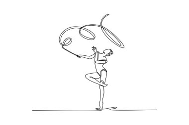 Tek sıra halinde genç, güzel, sportif bir kız, kurdeleli bir bayan ritmik jimnastikçi. Hareket, hareket, spor, rekabet. Modern sürekli çizgi çizimi tasarım grafik vektör çizimi