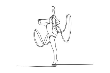 Tek çizgi, genç bir kızı çekiyor, profesyonel ritmik jimnastikçi hareket halinde, kurdeleyle performans sergiliyor. Çağdaş sanat kolajı. Aralıksız çizgi çizimi tasarım grafik vektör çizimi