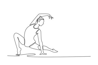 Genç bayan ritmik jimnastikçinin poz verip dans ettiği tek sıra. Güzel ve zarif sporlar. Hareket, zarafet ve esneklik. Modern sürekli çizgi çizimi tasarım grafik vektör çizimi