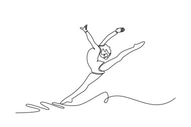 Jimnastikçi kızın havada yarık açtığı bir çizgi devam ediyor. Spor giysili aktif jimnastikçi kadın spor jimnastiği yapıyor. Tek çizgi çizimi tasarım vektörü grafik çizimi