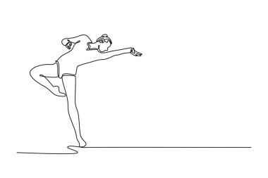 Tek sıra halinde genç bayan ritmik jimnastik sanatçısı spor kıyafetleri bale antrenmanında. Grace hareket halinde, aksiyon ve spor. Modern sürekli çizgi çizimi tasarım grafik vektör çizimi