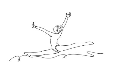 Tek sıra halinde spor kıyafetleri içinde güzellik jimnastikçisi kadın spor yapıyor, jimnastik yapıyor, zıplıyor, havada sıçrıyor. Aralıksız çizgi çizimi tasarım grafik vektör çizimi