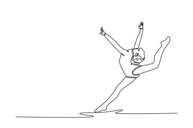 Çekici, formalı bir jimnastikçi kadını spor kıyafetleriyle spor yaparken, jimnastik yaparken, uzun adımlarla atlarken, atlarken, dans ederken sürekli bir çizgi çiziyor. Tek çizgi çizimi tasarım vektörü grafik çizimi