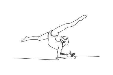 Tek sıra halinde güzel ve esnek zarif sporcu ritmik jimnastik sanatçısı dans ederek esnek egzersizler yapıyor. Güzellik, sanat, spor. Bir çizgi çizimi grafik tasarım vektör çizimi