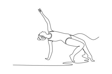 Sürekli bir çizgi, genç bir kızı çekiyor, profesyonel ritmik jimnastikçi hareket halinde, güzellik dansı gösterisi yapıyor. Çağdaş sanat kolajı. Tek çizgi çizimi tasarım vektörü grafik çizimi