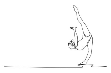 Yetenekli jimnastikçi sporcu balerin sporcu atlet, akrobatik egzersiz yaparken jimnastik sanatını ikiye böler. Bir çizgi çizimi grafik tasarım vektör çizimi