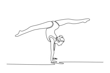 Sürekli bir çizgi, esnek, zarif sporcu ritmik jimnastik sanatçısı, dans eden el standı çiziyor. Spor, güzellik, zarafet, rekabet, sanat, gençlik. Tek çizgi çizimi tasarım vektörü grafik çizimi