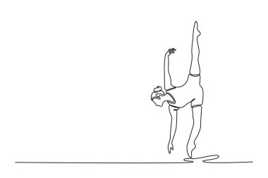 Tek sıra halinde, spor salonunda ritmik jimnastik yapan güzel bir kadın çiziyor. Dans rutini ve enerjisi olan kadın jimnastikçi yaratıcılığı ve sanatı. Bir çizgi çizimi grafik tasarım vektör çizimi