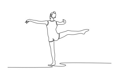 Arkaya bakan tek sıra büyüleyici artistik jimnastikçi dansı. Kadın jimnastikçi, yaratıcılık, dans figürlü sanat ve arenada enerji. Bir çizgi çizimi grafik tasarım vektör çizimi