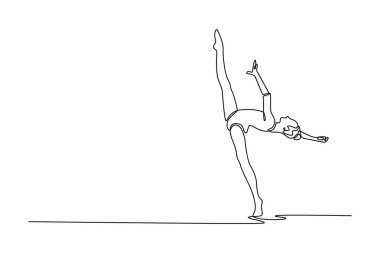 Tek sıra, arenada ritmik jimnastik dansı yapan bir genci çekiyor. Formda jimnastik dansçısı, sporcu balerin, akrobatik egzersiz yapıyor. Aralıksız çizgi çizimi tasarım grafik vektör çizimi
